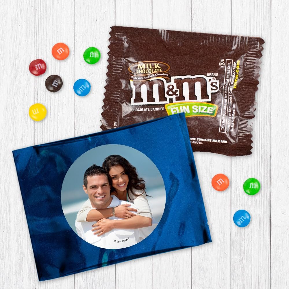12ct Personalized Wedding Favors with Photo M&M's Candy Fun Size Bags (12 Pack) - Dark Blue Foil Fully Assembled Chocolate Party Favors (3x4 in)