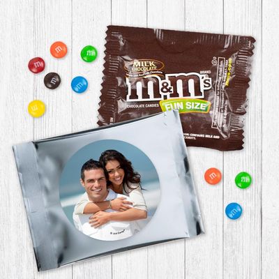 12ct Personalized Wedding Favors with Photo M&M's Candy Fun Size Bags (12 Pack) - Silver Foil - Fully Assembled Chocolate Party Favors (3x4 in)