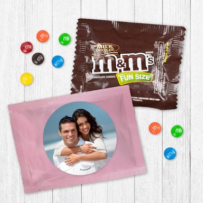 12ct Personalized Wedding Favors with Photo M&M's Candy Fun Size Bags (12 Pack) - Pink Foil - Fully Assembled Chocolate Party Favors (3x4 in)
