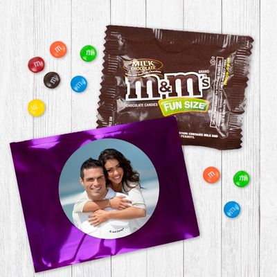12ct Personalized Wedding Favors with Photo M&M's Candy Fun Size Bags (12 Pack) - Purple Foil - Fully Assembled Chocolate Party Favors (3x4 in)