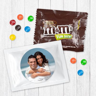 12ct Personalized Wedding Favors with Photo M&M's Candy Fun Size Bags (12 Pack) - White Foil - Fully Assembled Chocolate Party Favors (3x4 in)
