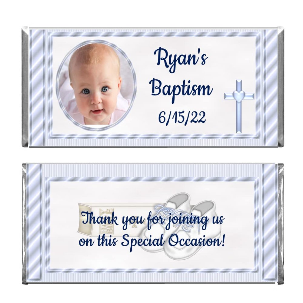 Blue Boy Baptism Personalized Custom with Photo and Text WRAPPERS & Foils for Chocolate Candy Bars (24)