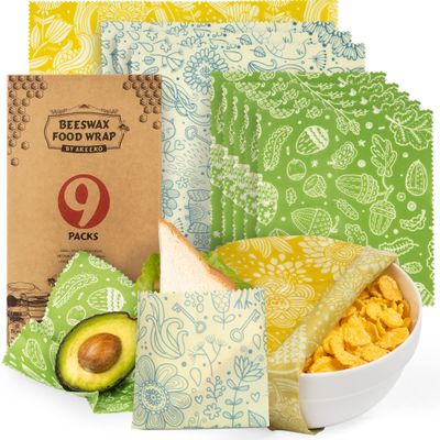 Akeeko Reusable Beeswax Food Wraps - Assorted 9 Packs, Reusable, Plastic-Free Food Storage, 5 Small, 3 Medium, 1 Large Wraps with Plants Pattern