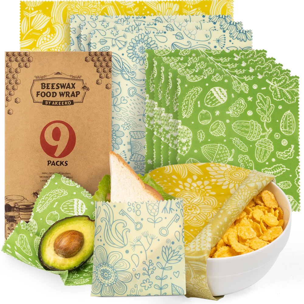 Akeeko Reusable Beeswax Food Wraps - Assorted 9 Packs, Reusable, Plastic-Free Food Storage, 5 Small, 3 Medium, 1 Large Wraps with Plants Pattern