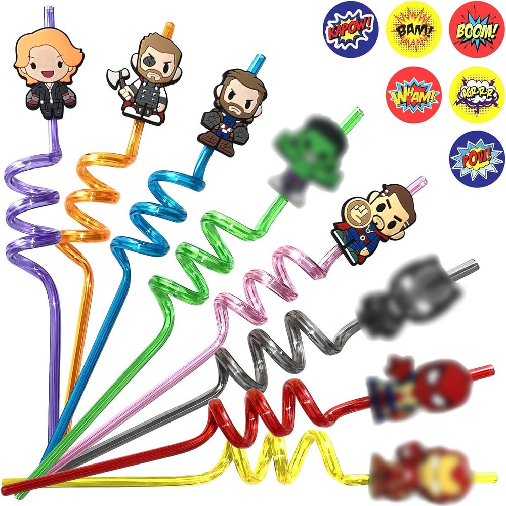 32Pcs Superhero Straws for Party Favor - Reusable Drinking Straws with 8 Designs+36 Stickers+2 Brushes. Perfect for Super Hero Party Supplies, Great for Heroes Themed Party, Halloween, Valentine Gifts