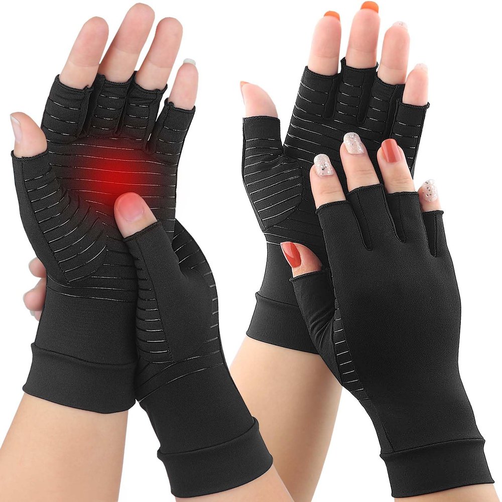 2Pairs Copper Arthritis Compression Gloves for Women Men, Fingerless Compression Gloves for Carpal Tunnel, Hand Pain, RSI, Driving, Typing, Copper Gloves Support Hands and Wrist for Work (X-Large)