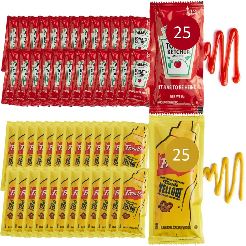 25 Ketchup (9g) & 25 Mustard (7g) Packets - 50 Total Condement Packs (approximately 25 packets each)