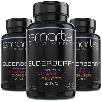 (3 Pack) Smarter Elderberry Capsules + Vitamin C + Ginger & Zinc, Herbal Supplement, Powerful Black Elder Berry Extract Antioxidant Vitamin, 180 Vegan Pills