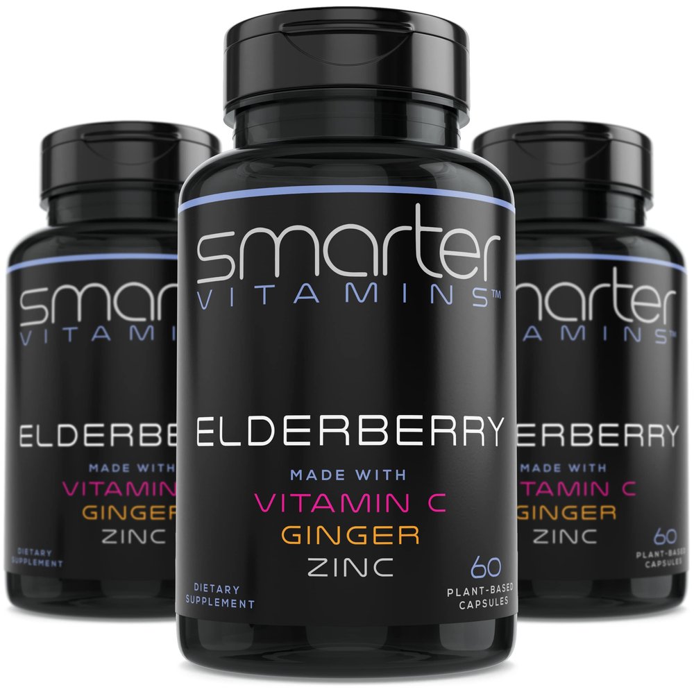 (3 Pack) Smarter Elderberry Capsules + Vitamin C + Ginger & Zinc, Herbal Supplement, Powerful Black Elder Berry Extract Antioxidant Vitamin, 180 Vegan Pills