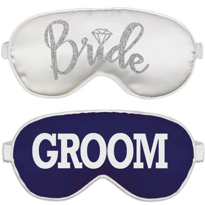 Bride & Groom Gifts - Set of 2 Honeymoon Sleep Mask (1) Bride Silver Diamond White Mask & (1) Groom Navy Mask - Wedding Gifts for Couples Blindfold (DiaBRD Wht/Grm NVY)