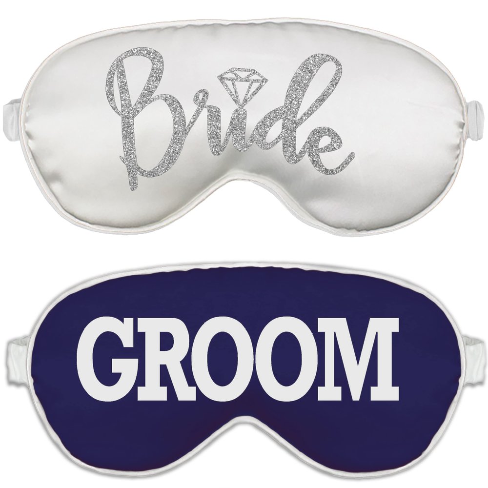 Bride & Groom Gifts - Set of 2 Honeymoon Sleep Mask (1) Bride Silver Diamond White Mask & (1) Groom Navy Mask - Wedding Gifts for Couples Blindfold (DiaBRD Wht/Grm NVY)