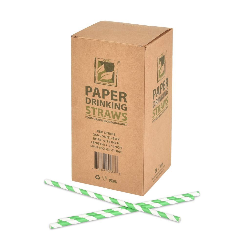 100% Compostable Paper Straws Disposable [7.75", Green Stripe, 10000 Count], Paper Straws for Drinking, Eco Friendly, Biodegradable, Sturdy Straws with Soy-Based Ink by Earth's Natural Alternative