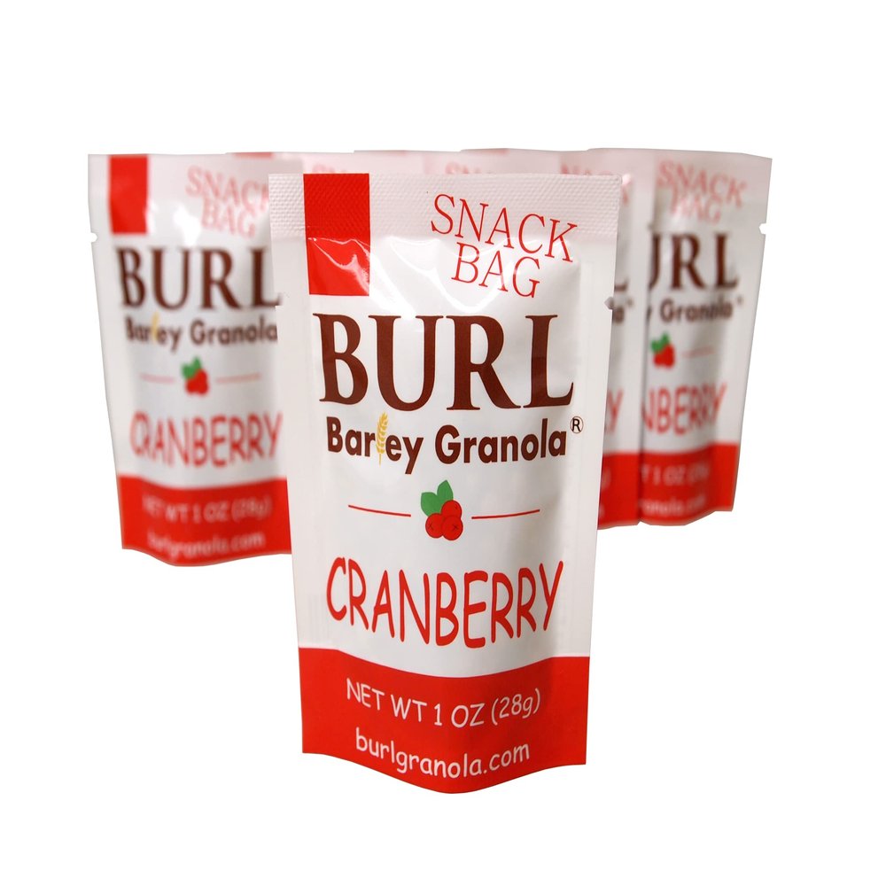 Burl Barley Granola, Cranberry Granola Snack Bags, 6 pack, Whole Grain, Stocking Stuffer, Office Snack, Great For Gifting