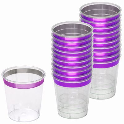 Zappy 124 Mini Plastic Shot Glasses, Clear with Purple Metallic Rim, 1 oz Hard Party Cups, Disposable Shooter and Sample Wine Tasting Cups