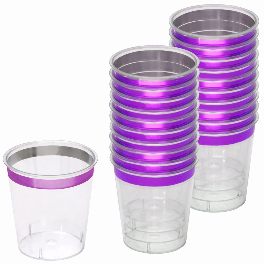 Zappy 124 Mini Plastic Shot Glasses, Clear with Purple Metallic Rim, 1 oz Hard Party Cups, Disposable Shooter and Sample Wine Tasting Cups