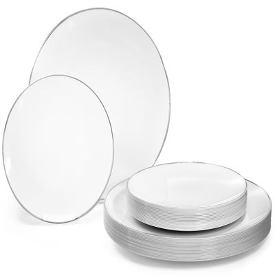 OCCASIONS 360 Pcs set (60 guest) Wedding Disposable Plastic Plate and Silverware Combo 10.25" + 7.5" + Silverware (Double Fork) (Bali in White & Silver, Silver Silverware)