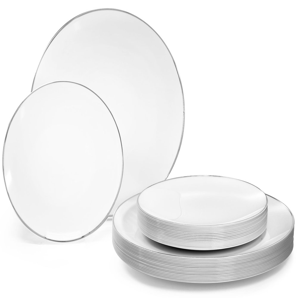 OCCASIONS 360 Pcs set (60 guest) Wedding Disposable Plastic Plate and Silverware Combo 10.25" + 7.5" + Silverware (Double Fork) (Bali in White & Silver, Silver Silverware)