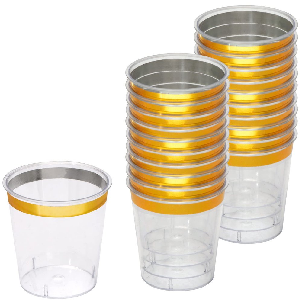 Zappy Gold 1 oz Shot Glasses - Clear Plastic with Metallic Gold Rim Hard Party Shooter Cups - Sample Wine Tasting Cups