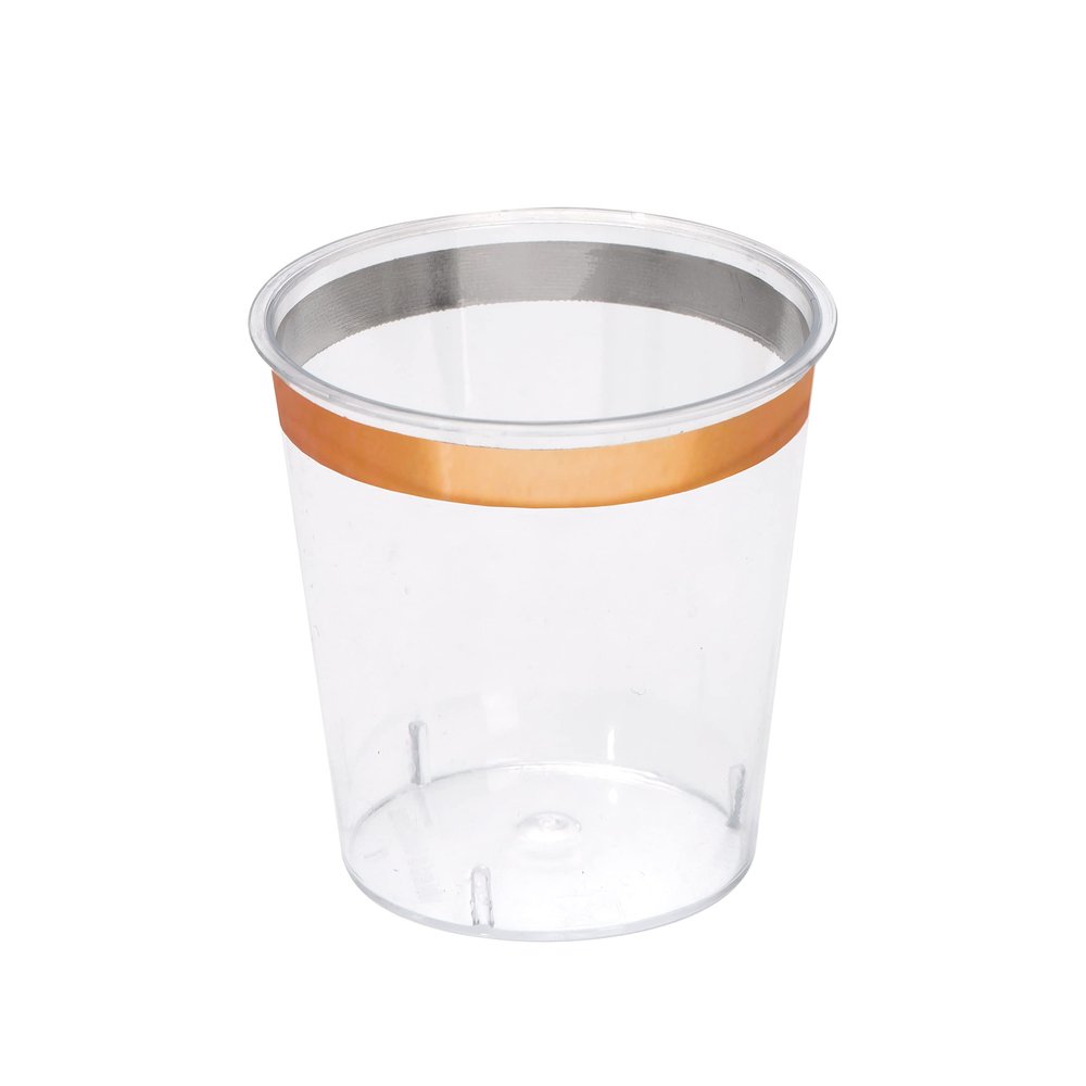 Zappy 124 Pk Plastic Shot Glasses 1 oz Clear With Metallic Rose Gold Rim - Hard Party Disposable Shooter Cups for Sample Wine Tasting