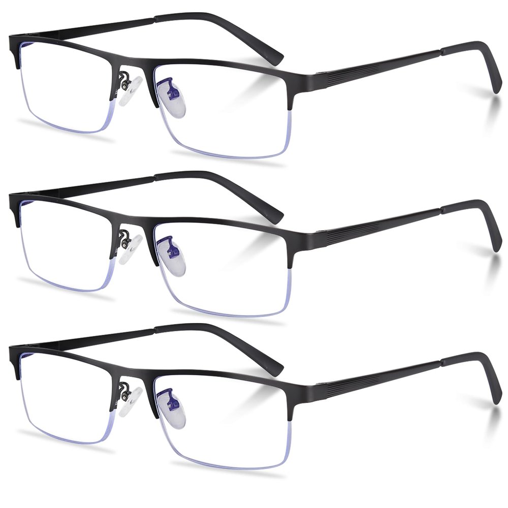Anourney 3-Pack Reading Glasses for Men, Lightweight Metal Half Frame Blue Light Blocking Computer Readers, Filter UV Ray/Computer Glare with Spring Hinge Eyeglasses(3PCS Black,+2.5)