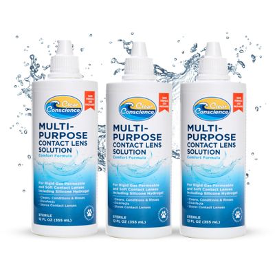 Cruelty-Free Contact Lens Solution 12oz - Multipurpose Cleaner & Sterile Isotonic Eye Contacts Care by Clear Conscience (3 Pack)