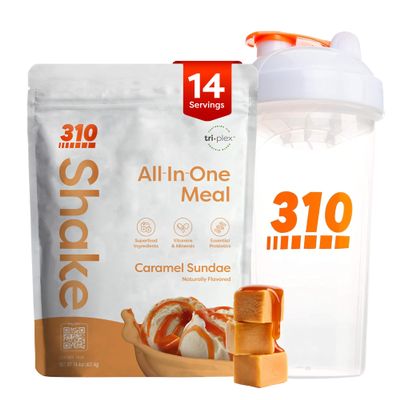 310 Nutrition Meal Replacement Shake Powder Starter Kit with Shaker Cup - Vegan Protein, Fiber & Superfood Blend - Sugar-Free, Low-Carb, Keto & Paleo Friendly - Caramel Sundae - 14 Servings