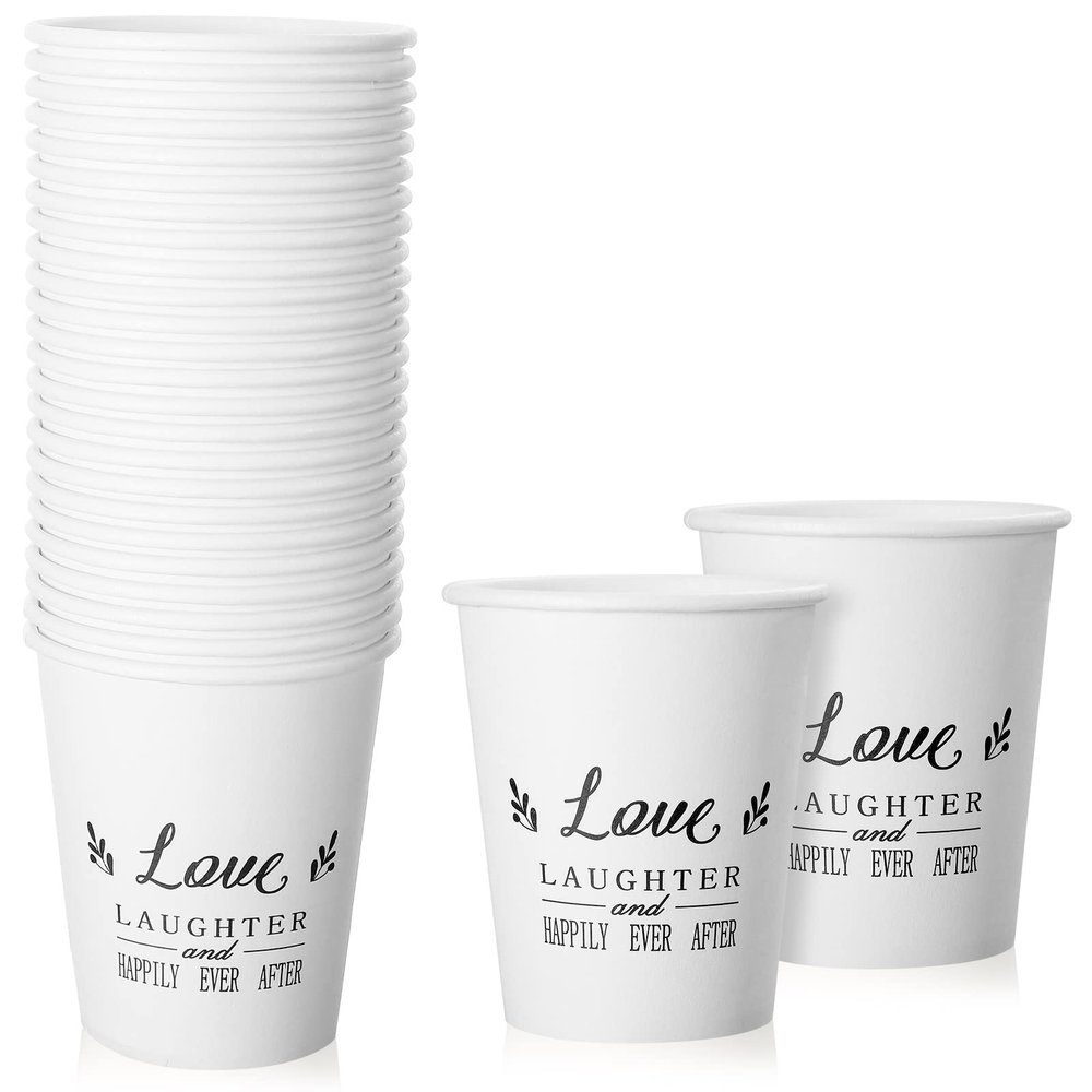 50 Pack Disposable Paper Coffee Cups for Wedding 9 oz Bridal Shower Reception Drinking Cups Happily Ever After Guests Love Tea Tumbler for Hot Drink Birthday Anniversary Celebration party tableware