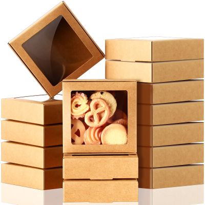 Zonon 30 Kraft Paper Boxes with Window 4.13 x 4.13 x 1.18 Inch Candy Packaging, Small Gift Boxes, Soap holder, Mini Treat Packaging for Bakery Chocolate Jewelry Display(Brown)