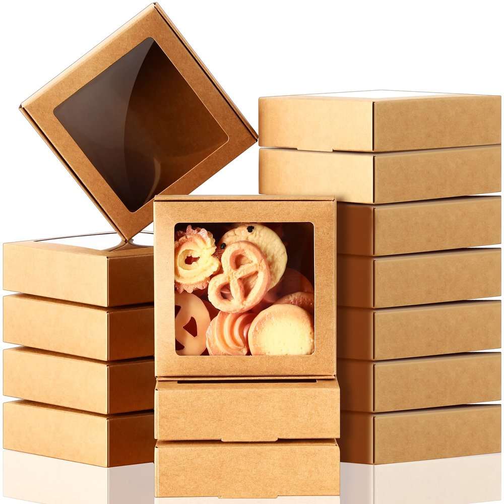 Zonon 30 Kraft Paper Boxes with Window 4.13 x 4.13 x 1.18 Inch Candy Packaging, Small Gift Boxes, Soap holder, Mini Treat Packaging for Bakery Chocolate Jewelry Display(Brown)