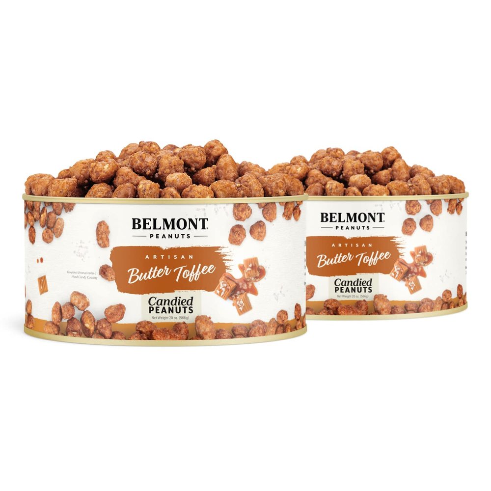 Belmont Peanuts Gourmet Butter Toffee Candied Peanuts, 20 oz (2 Pack)  Only 4 Ingredients, No Preservatives, 3g Protein  A Premium, Sweet, Buttery, Salty, Crunchy, Hand Seasoned Snack