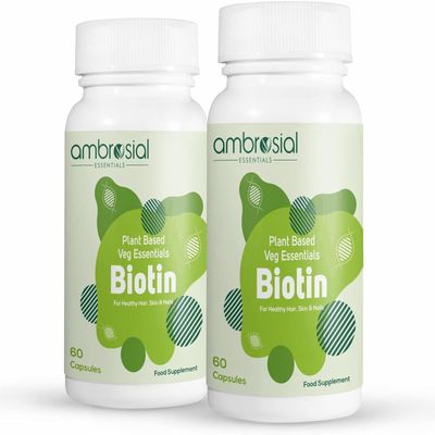 AMBROSIAL Biotin Hair Growth Supplement 2500mcg Biotin Hair Supplements | Hair Support | Plant Based | Natural Skin Support | Nail Vitamin (Pack of 2) - 120 Capsules