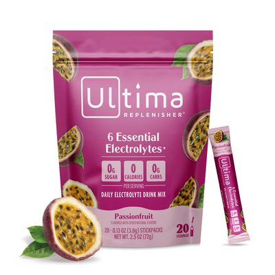 Ultima Replenisher Daily Electrolyte Powder Passionfruit, 20 Stickpacks Zero Sugar Hydration Packets with 6 Electrolytes and Minerals Sugar Free, Plant Based & Keto Friendly Drink Mix