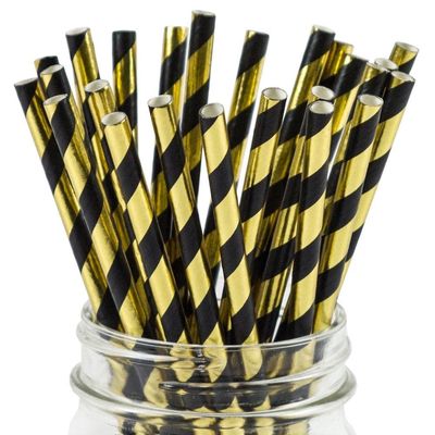 Disposable Black Gold Striped Paper Straws - 100 Pack Biodegradable Black and Gold Stripes Cocktail Drinking Straws for Holloween, Birthday Party Suppliers Decoration
