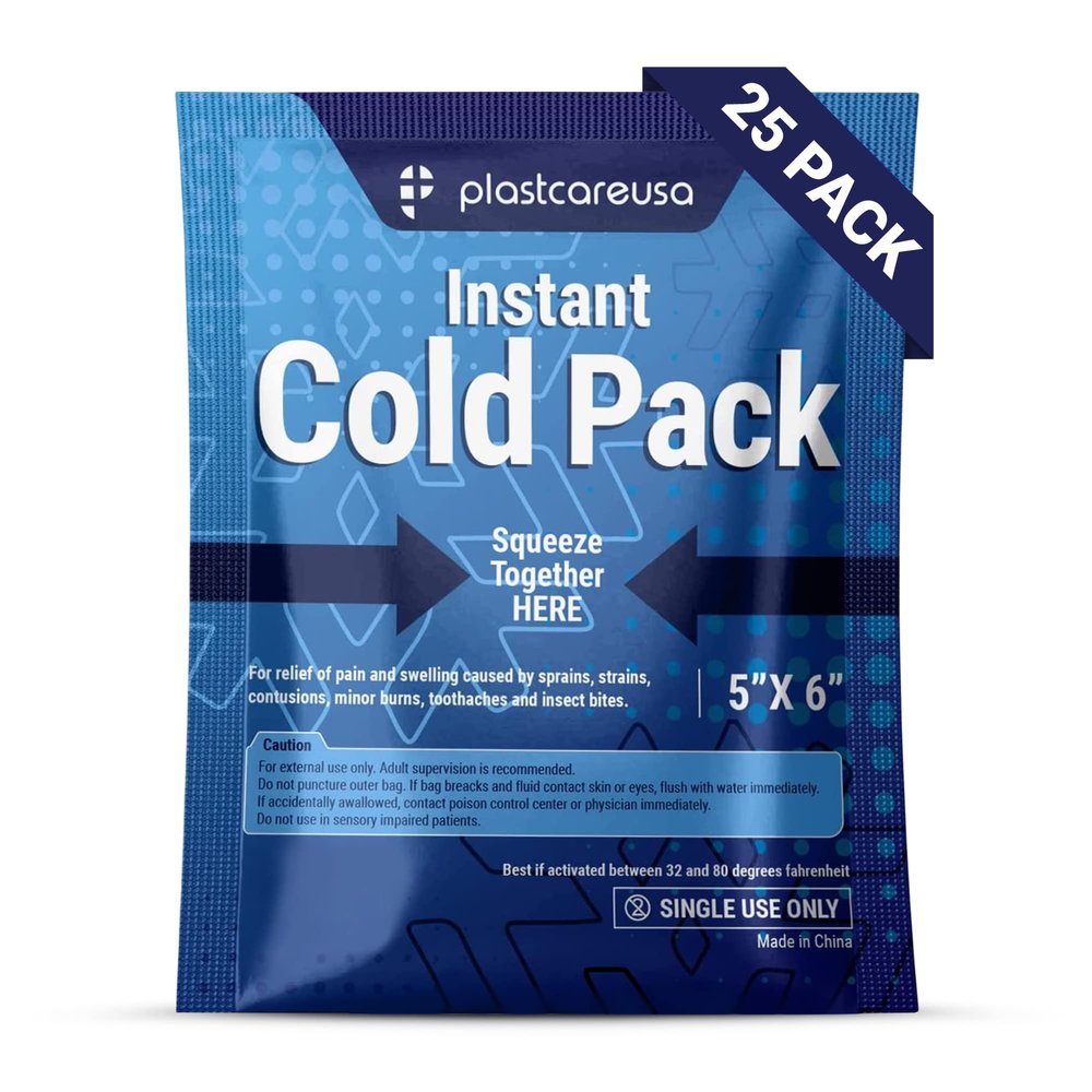 25 Pack 5" x 6" Disposable Ice Packs for Injuries, Swelling, Muscle & Joint Aches, Sprains & Abrasions - Easy to Use Disposable Cold Compress for Pain Relief - PlastCare USA Instant Cold Packs