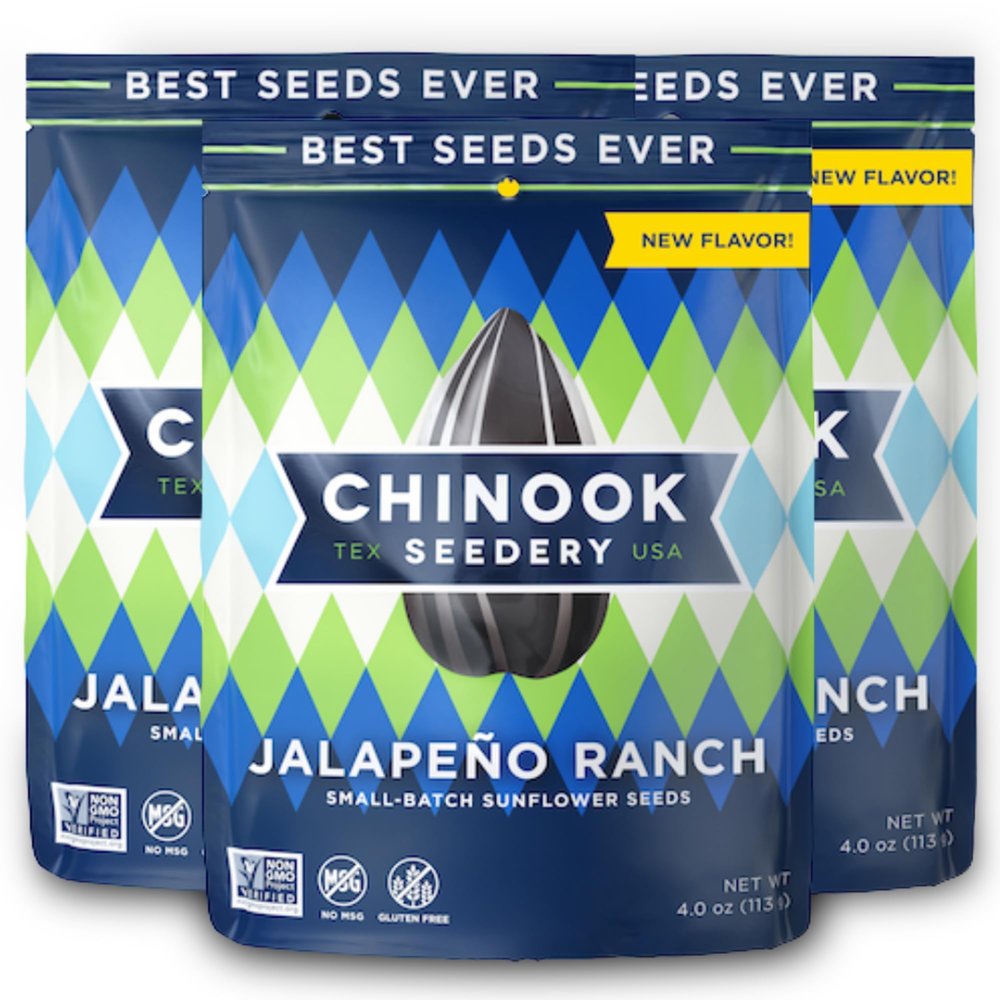 Chinook Seedery Roasted Sunflower Seeds - Jumbo Seeds Keto Snacks - Best For Snack Packs - Gluten Free, Non GMO Snack Food Gifts - 4 Ounce (Pack of 3) - Jalapeno Ranch Flavor Pack