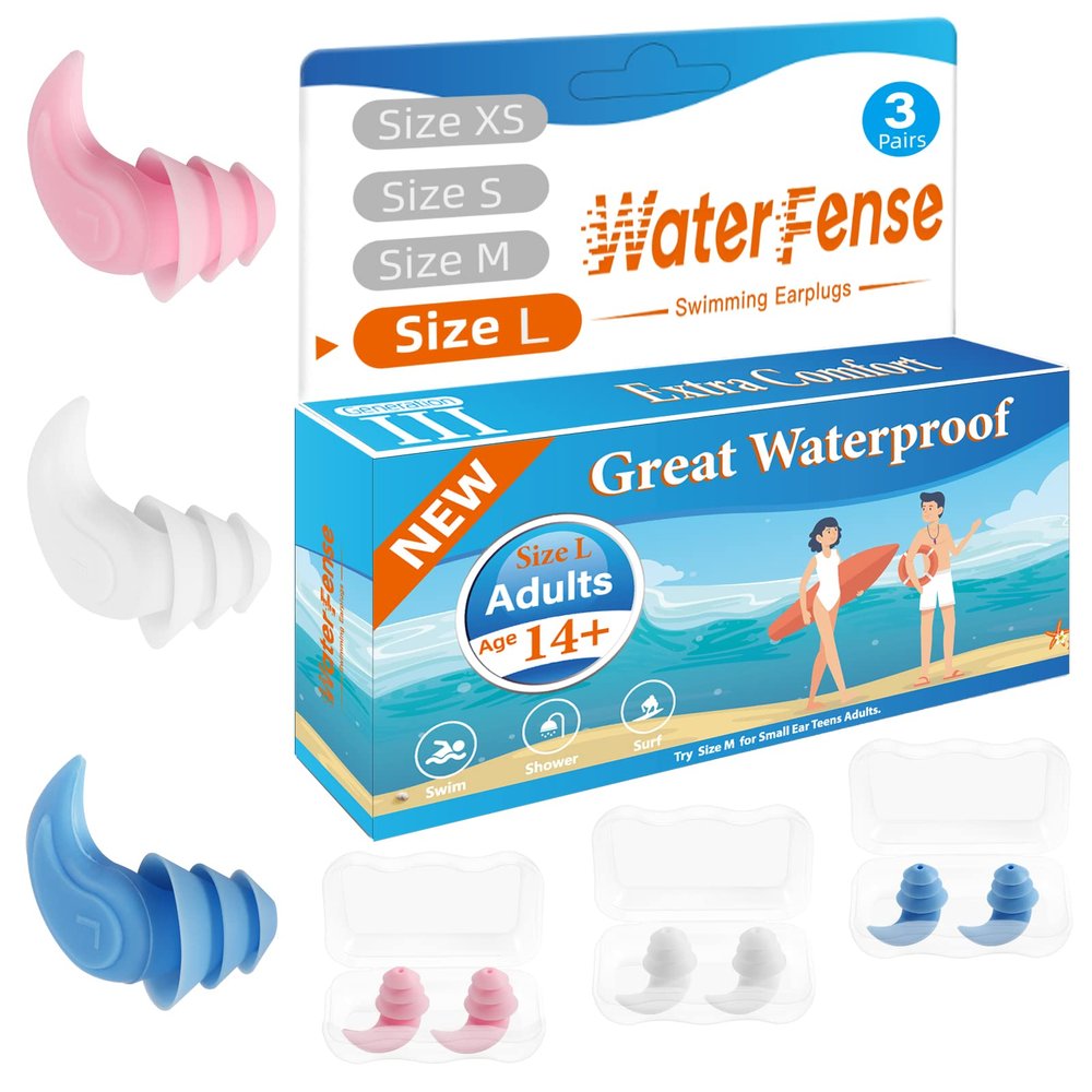 Swimmers Ear Plugs, WaterFense Great Waterproof Swimming Ear Plugs for Men - 3 Pairs Comfortable Soft Silicone Ear Plugs for Swimming