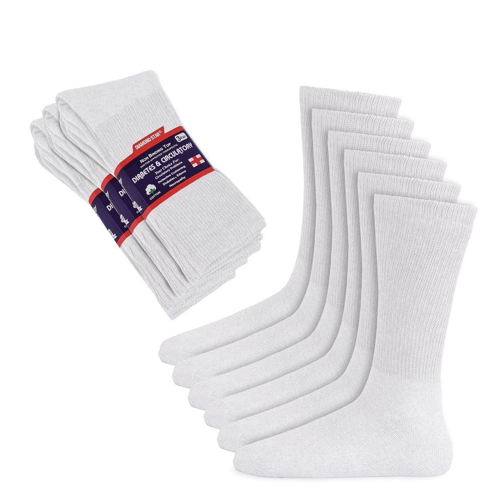 Diamond Star Diabetic Socks, Non-Binding Circulatory Cushion Cotton Crew Diabetic Socks for Men Women 24 Pairs (10-13, White)