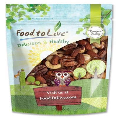 Food to Live Deluxe Unsalted Nuts Mix, 8 Ounces  A Blend of Dry Roasted Pecans, Cashews, Hazelnuts, Almonds, Brazil Nuts. Oven Roasted, Vegan, Kosher, Bulk. Wholesome Snack. Full of Protein, Fiber
