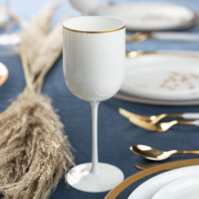 [12 Oz - 5 pk White] HomeyGear Plastic White W Gold Rim Goblets Wine Glasses BPA Free 12 Oz Disposable Elegant Drink Cups for Parties Wedding Receptions Fancy Reusable Tumblers for EZ CleanUp 5 Pack
