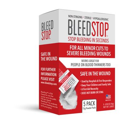 BleedStop First Aid Powder for Blood Clotting, Trauma Kit, Blood Thinner Patients, Camping Safety, and Survival Equipment for Moderate to Severe Bleeding Wounds or Nosebleeds 5 Pack 15g