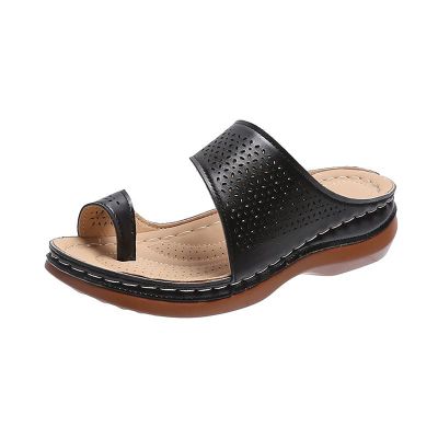 CLSQLXYJZC Women's Shoes Retro Hollow Wedge Sandals, Summer Casual PU Leather Soft Big Toe Foot Correction Slippers, for Orthopedic Splint Bunion Corrector Flip Flops (Color : Black, Size : 9)
