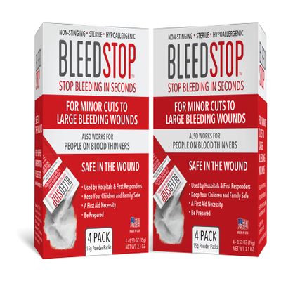 BleedStop First Aid Powder for Blood Clotting, Trauma Kit, Blood Thinner Patients, Camping Safety, and Survival Equipment for Moderate to Severe Bleeding Wounds or Nosebleeds (Double 4 Pack 15g)