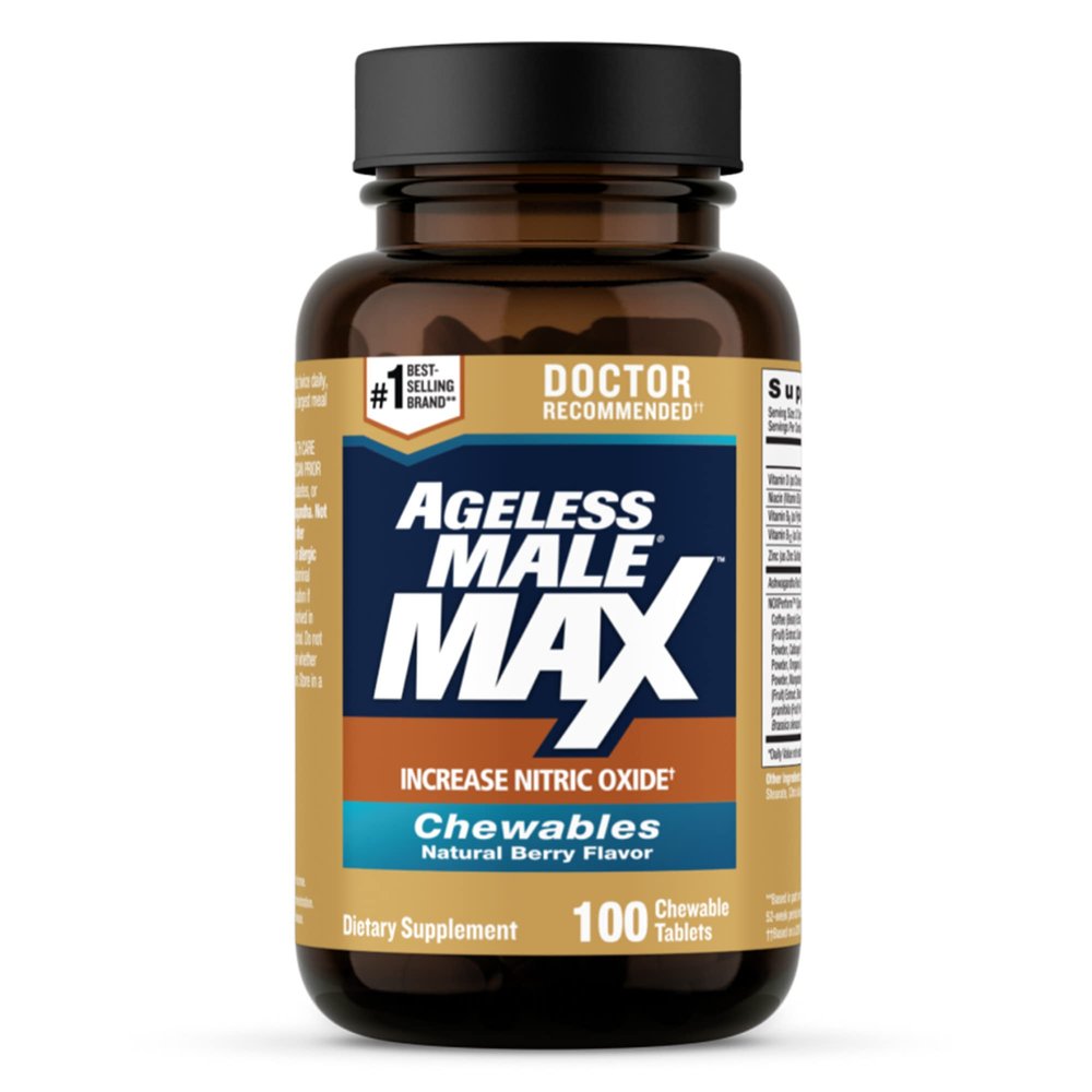 Ageless Male Max Chewable Nitric Oxide Booster Supplement for Men  High Potency Ashwagandha Extract to Boost Workouts, Muscle & Performance, Reduce Stress, Support Sleep - 100 Count