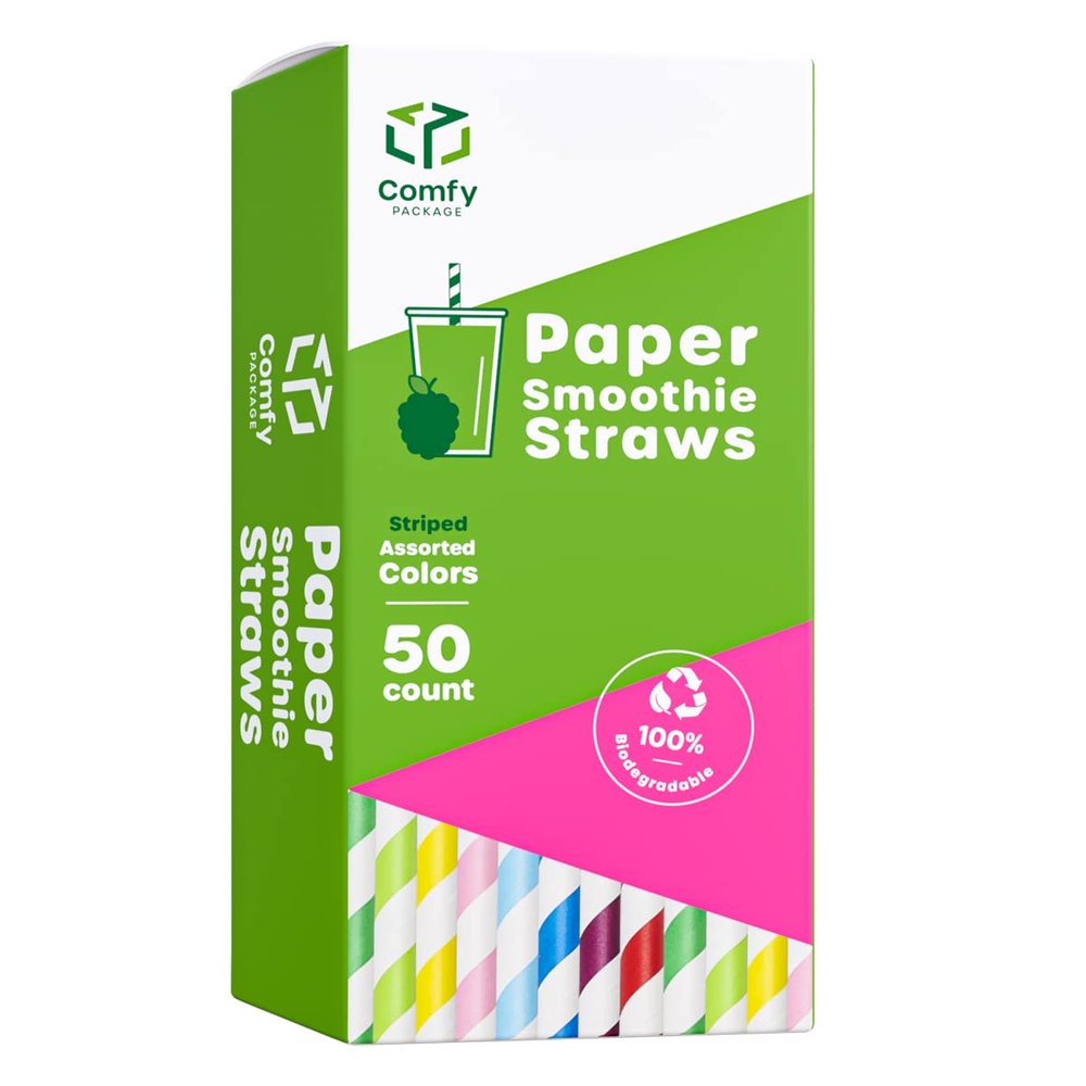 Comfy Package [50 Count] 10 mm Jumbo Paper Smoothie & Boba Straws - Biodegradable Paper Straws for Milkshakes, Smoothies & Bubble Tea, Assorted Colors