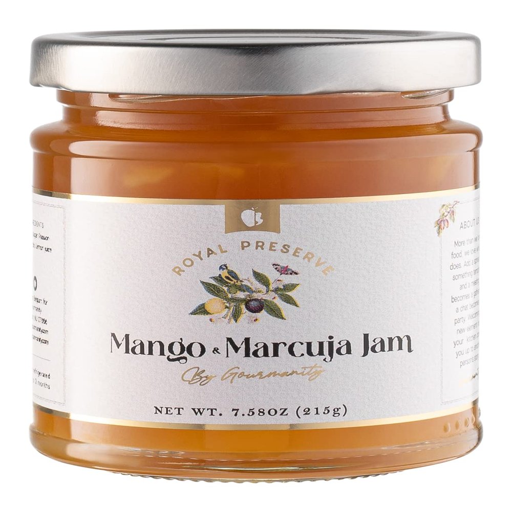 Gourmanity Mango and Passion Fruit Jam, Sweet with a Hint of Sour Flavor, All Natural Delicious Fruit Preserves Great with Croissants or in a Smoothie, High Fruit Content, Non-GMO, Made in Belgium, 7.6oz Jar