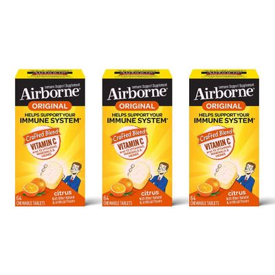Airborne Vitamin C 1000mg (per Serving) - Citrus Chewable Tablets (64ct/Box), Gluten-Free Immune Support Supplement, Vitamins A C E, ZINC, Selenium, Echinacea, Ginger, Antioxidants (3-Pack)