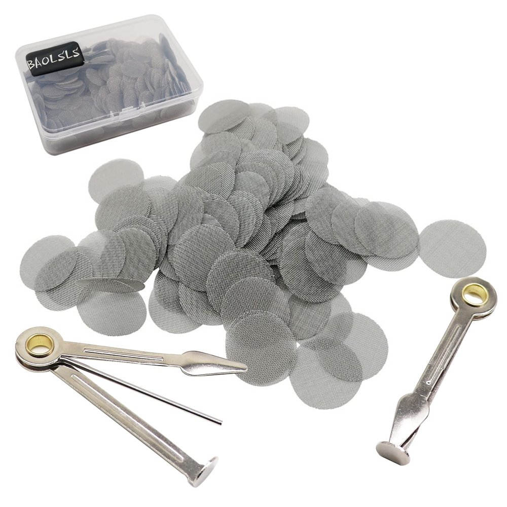 BAOLSLS 500 Pieces 0.63 Inch Small Metal Pipe Screens, 5/8 in 100% Thicker Stainless Steel with 2 PCS Metal Portable 3 in 1 Cleaning Tool Mini Kit (Silver)