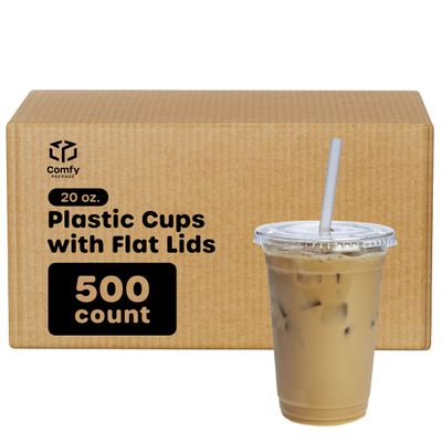 Comfy Package [Case of 500 20 oz. Clear Plastic Cups With Lids, Disposable Coffee Cups with Flat Lids - Ideal for Cold Beverages, Smoothies, and To-Go Drinks