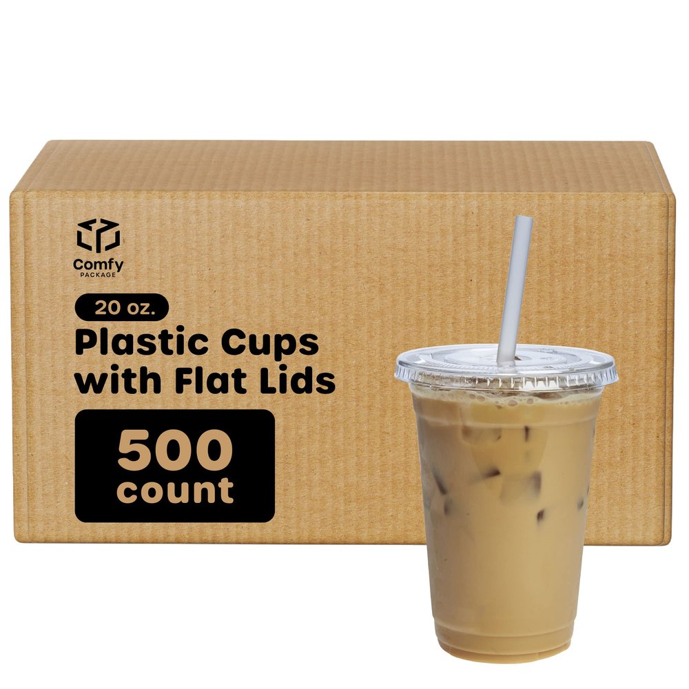 Comfy Package [Case of 500 20 oz. Clear Plastic Cups With Lids, Disposable Coffee Cups with Flat Lids - Ideal for Cold Beverages, Smoothies, and To-Go Drinks