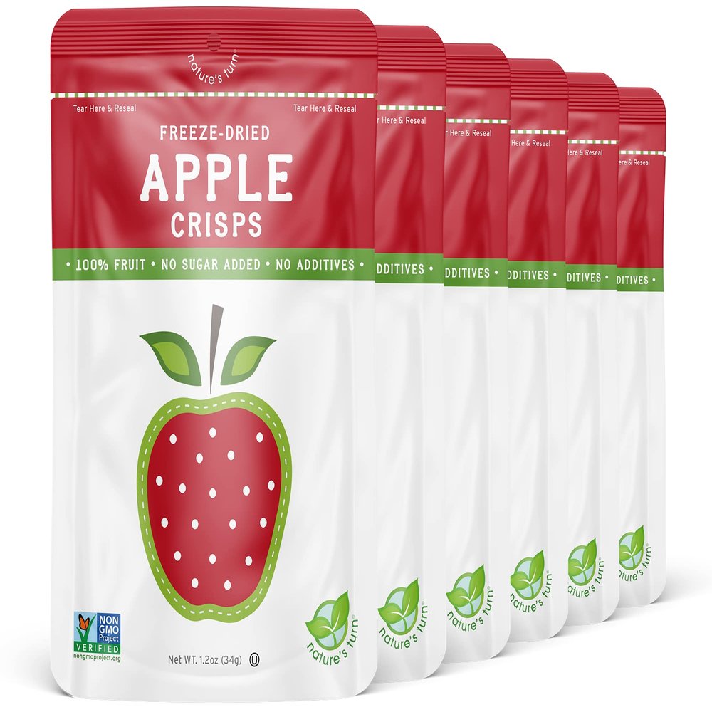 Natures Turn Freeze-Dried Apple Crisps  Healthy, Gluten-Free, Crispy & Delicious, Plant-Based Snack, Ideal for Cereal, Smoothies, School Lunches, & On-the-Go, Bags of 6 (1.2 oz Each)